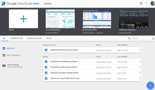 Google Data Studio homepage